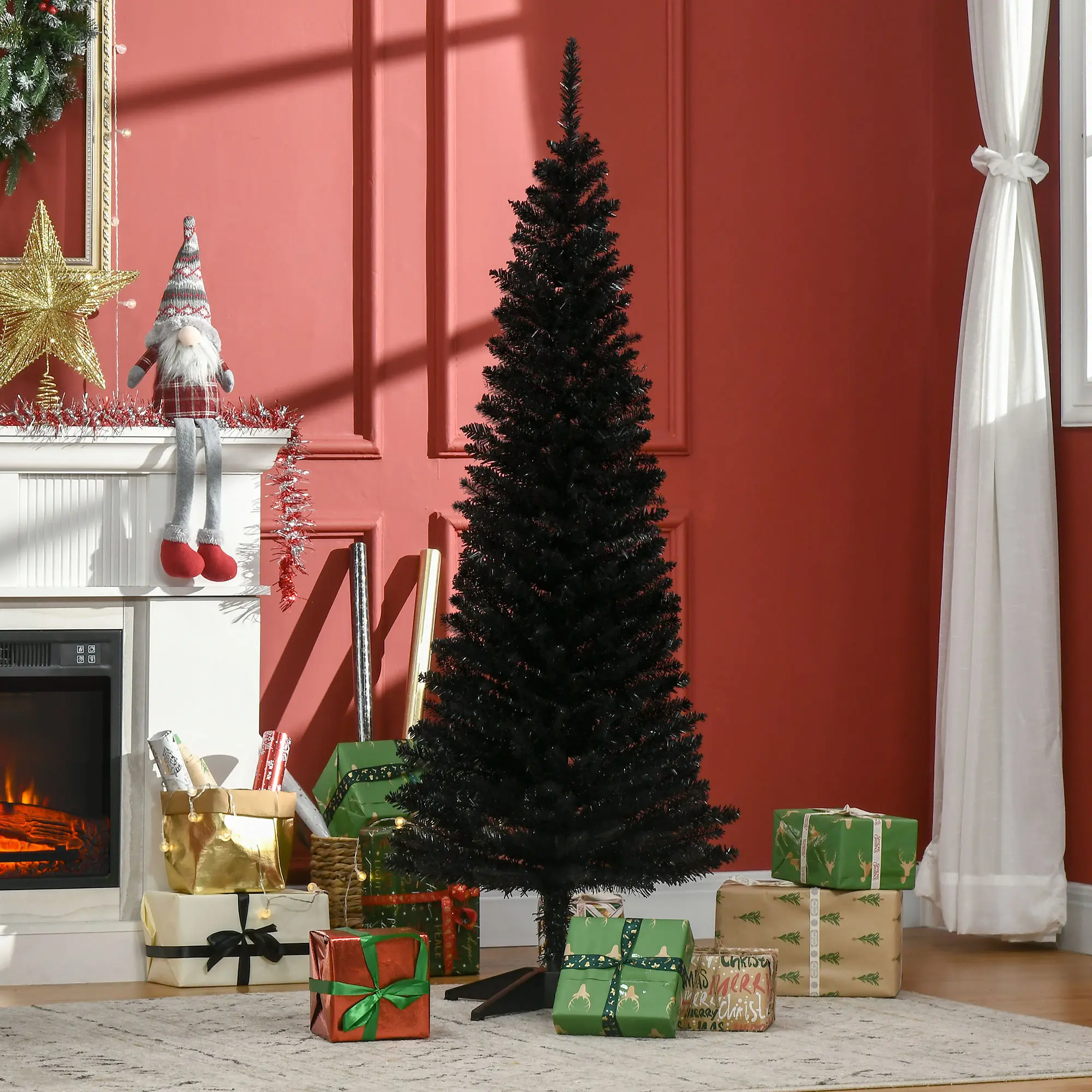 5ft Artificial Pencil Christmas Tree Black Color 294 Realistic Branch Tips Plastic Stand Unlit No Watering No Needles for Small Apartment
