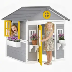 Outsunny Outdoor Kids Playhouse, Wooden Playhouse with Doors, Windows, Planter Pots and Boxes for Toddlers 3-8 Years, Cottage Play House for Backyard, DIY Chicken Coop, Gray