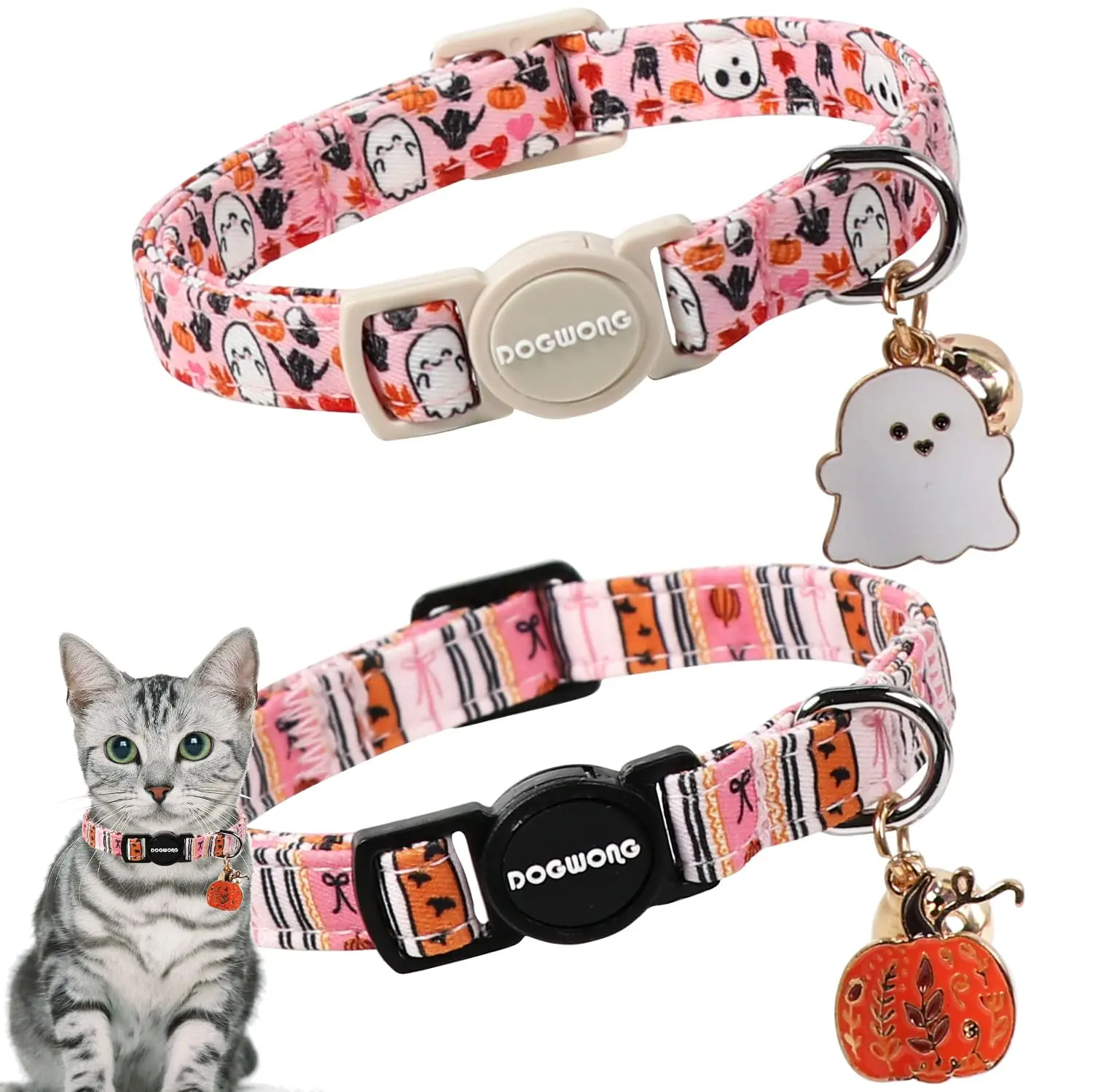 Playful 2-Pack Fall Cat Collars with Breakaway Safety Buckle & Bell – Halloween Ghost Design, Adjustable 7-12 Inch for Male & Female Cats