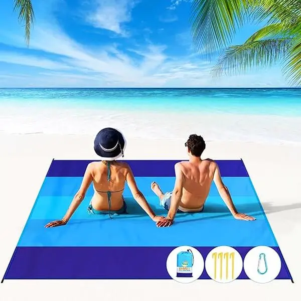 Oversized Beach Blanket 78"×81" - Lightweight, Waterproof, Sandproof Camping Gear, Large Mat for 4-7 Adults (Blue-Mixed)