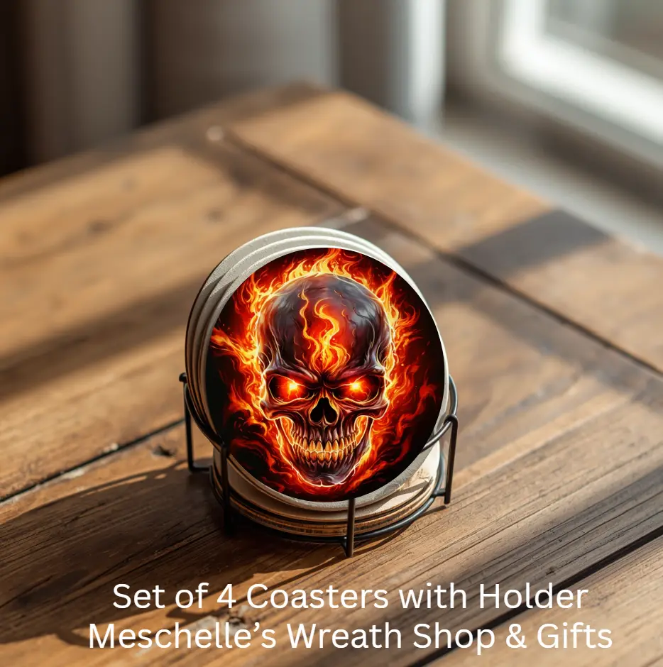 Flaming Skull Round Ceramic Coasters Set of 4 with Metal Holder, Kitchen Tableware for Coffee Cups