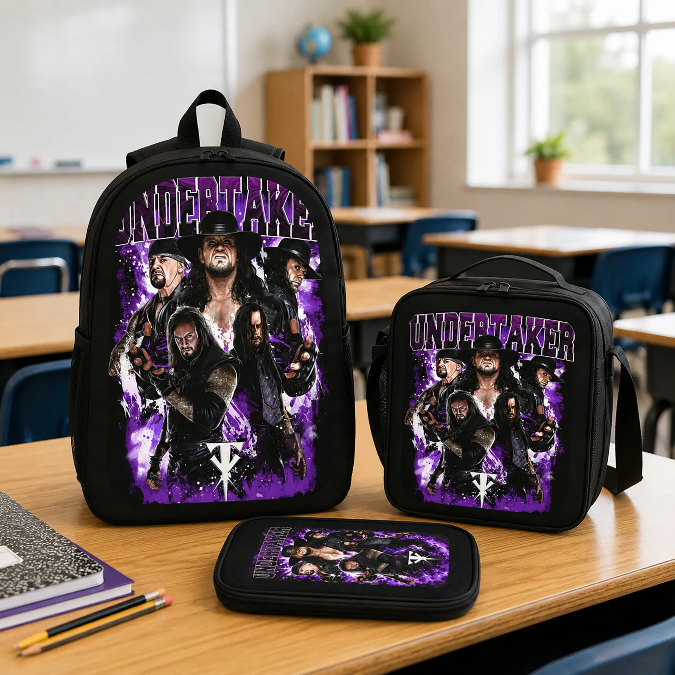 WWE Backpack Set Durable Polyester School Bookbag Lunch Bag Pencil Case Lightweight Travel Daypack Back To School Supplies Wrestling Graphic Bag For Boys Girls Teens Students TikTok Trendy Style