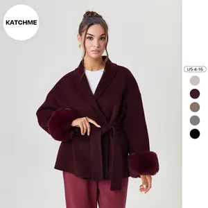 KatchMe Women's Elegant Solid Color Waist Tie Fuzzy Cuff Wrap Coat, Premium Plush Long Sleeve Thermal Coat, Outerwear Jacket for Fall & Winter