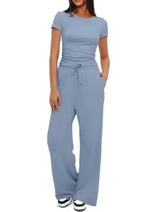 Women's High-Waisted Two-Piece Set, Womenswear, Casual Daily Wear, Pure Color Solid Design, Perfect for Spring & Summer Fashion, Ideal for Cross-Border Shopping