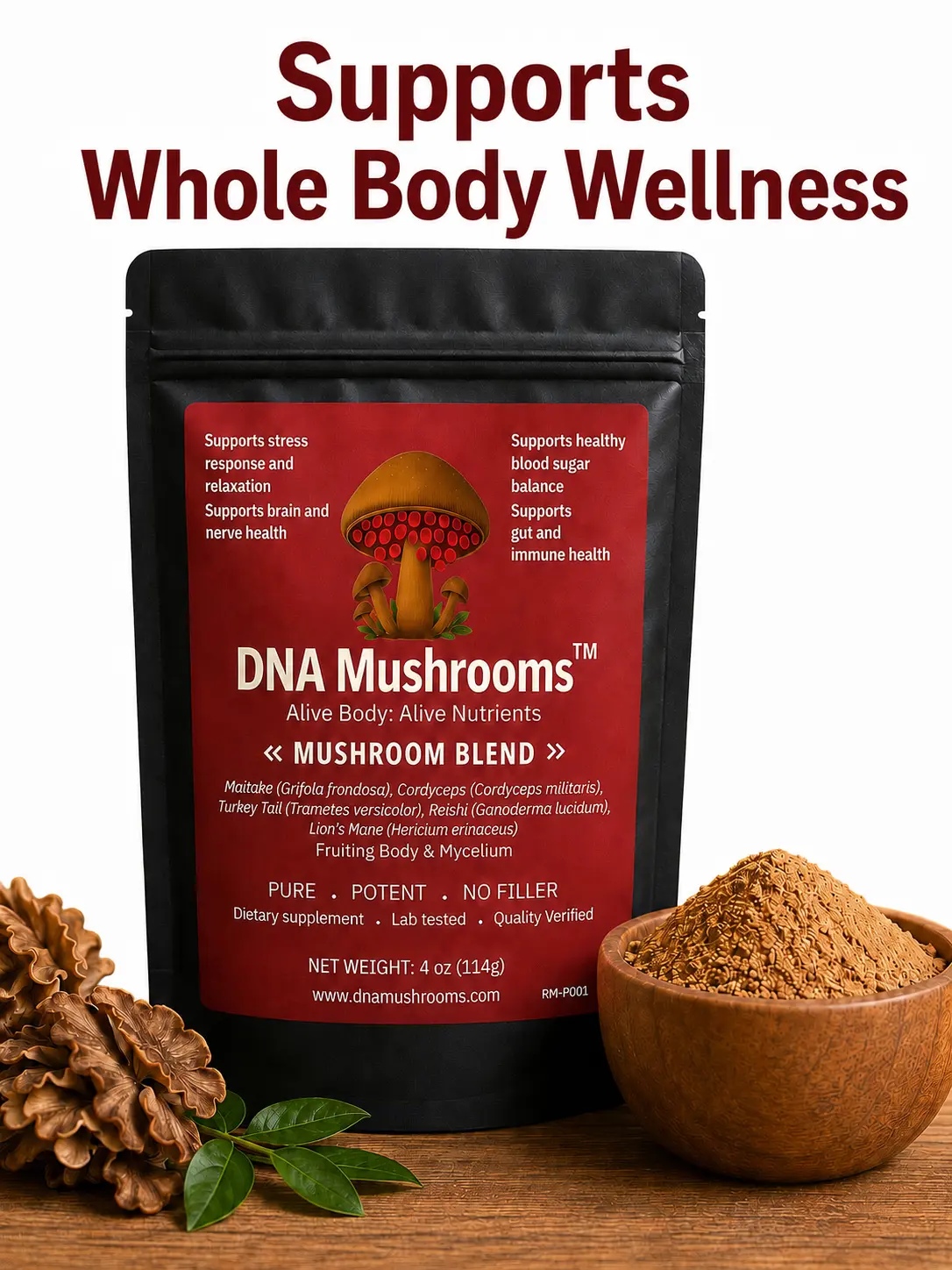 DNA Mushroom Matrix Blend- Whole Body Wellness support focus, balance, organic immune wellness, energy, gut health, Lion Mane, Reishi, Turkey Tail, Maitake, Cordycep. Pure, Potent, No fillers