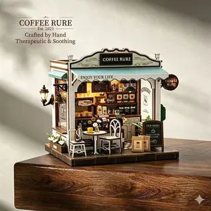 DIY Book Nook Kit, 3D Wooden Puzzle Miniature Dollhouse Kit with LED Lights, Retro Coffee House Model Kit, Hand-Crafted Creative Gifts for Adults and Teens, Dark Academia Home Decor