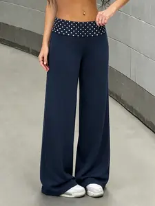 Women's Polka Dot Fold-Over Waistband Wide Leg Pants, High Waisted, Soft Stretchy Flowy Lightweight Palazzo Trousers, Y2K Casual Streetwear