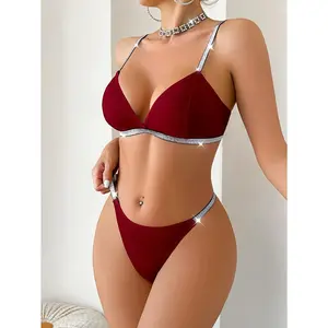 1 Set Red Christmas Women's V-Neck  Bra and Thong Panty Set with Silvery Straps