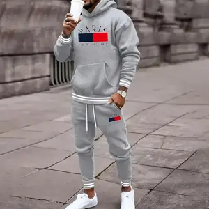 2-piece Paris printed men's autumn sportswear set, men's hooded sweatshirt and sweatpants set with bag and drawstring, knitted fabric, comfortable and lightweight