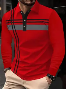 Men's Striped Polo Shirt with Contrast Binding, Fashion Long Sleeve Top with Button Placket, Trendy Casual Men's Clothing, Polo Tees