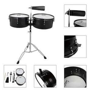 Percussion 13" & 14" Timbales Drum Set with Stand and Cowbell Black