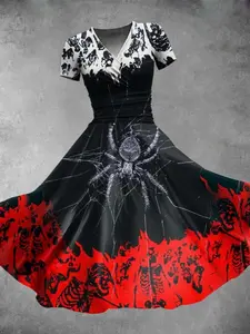 Vintage Gothic Waist-Tie Dress, Elegant Short Sleeve V-Neck Design, Perfect for Parties & Daily Wear, Ideal for Photo Shoots & Dating