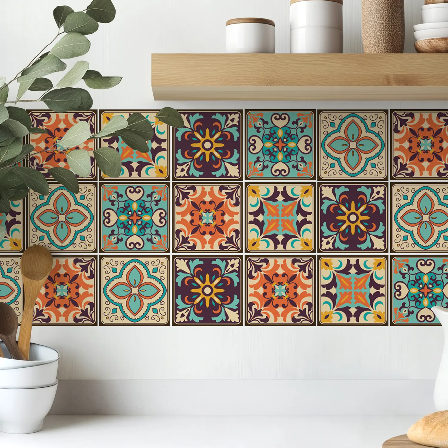 30pcs Vintage Spanish Talavera Vinyl Decorative Decals, 10x10cm Peel-and-Stick Waterproof Glossy Bohemian Floral Wall Stickers, Houndstooth Pattern for Backsplash Home Decor (Decals Wall Stickers & Murals)