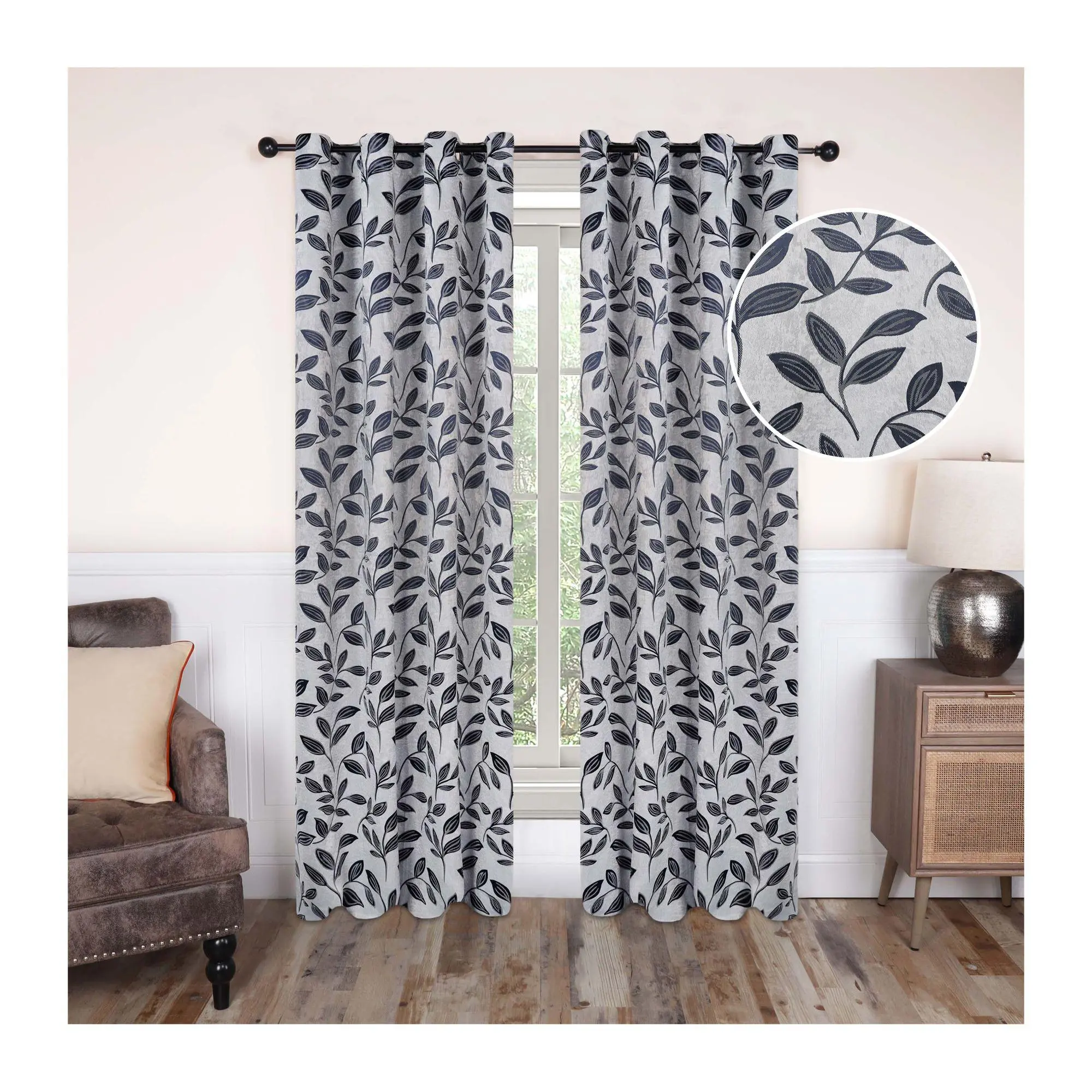 Superior Modern Leaves Blackout Curtain Panel Set, 52X120