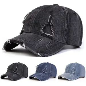 Unisex Vintage Edge Holes Denim Baseball Cap Outdoor Adjustable Sunscreen Leisure Hat Travel Tourism Beach Vacation