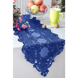 13"x108" Floral Corded Lace Embroidered Table Runner - Navy Blue (1pc)