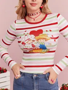 Strawberry Shortcake x SHEIN Long-Sleeve Striped T-Shirt – Cute Pink Green White Tee with Berry & Strawberry Print for Spring & Fall