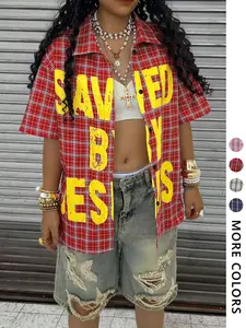 Women's Casual Plaid and Letter Print Short Sleeve Shirt, Stylish Streetwear, Hip Hop Rap Vintage Harajuku Loose Fit Clothing