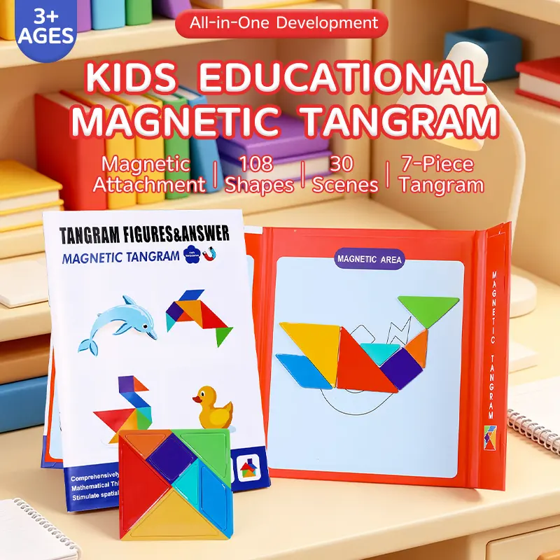 SunPayUS Travel Tangram Puzzle - Magnetic Pattern Block Book Road Trip Game Jigsaw Shapes Dissection STEM Games with Solution for Kid Adult Challenge - IQ Educational Toy Gift Brain Teasers 360 Patterns Magnetic Tangram for Kids Toys