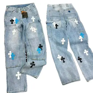 Patterned Button  Work Pants, Baggy Legged Stone Wash Blue Denim Cargo Jeans, Ankle Cut Loose Fit Streetwear Vintage Skater Style Casual Spring Outfits For Men