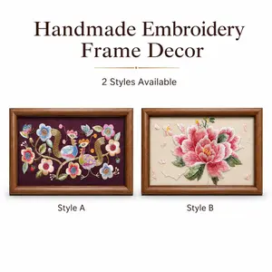 Handmade Embroidery Framed Hanging Ornament, Miao Gold Couching & Suzhou Floral Needlework Collectible Decor, Wooden Frame Display, 12×20cm