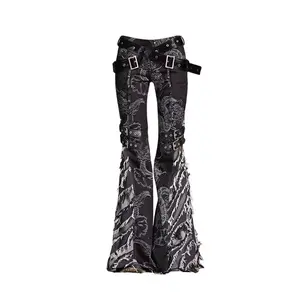 Get the Look with Y2K Punk Flare Jeans – Trendy Grunge Denim Pants with Tassel & Horn Accents High-Waisted Bell Bottoms with Belt for a Complete Edgy Outfit