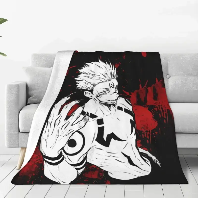 Ryomen Sukuna Jujutsu Kaisen Microfibre Fleece Throw Blanket - Unisex King Of Curses JJK Merch, Otaku Gift, Dark Aesthetic Decor, Soft Warm Single Layer Bed/Sofa Cover, Red Black, Wrinkle Resistant, Fade Resistant, Machine Washable, All Year-Round Use, Pr