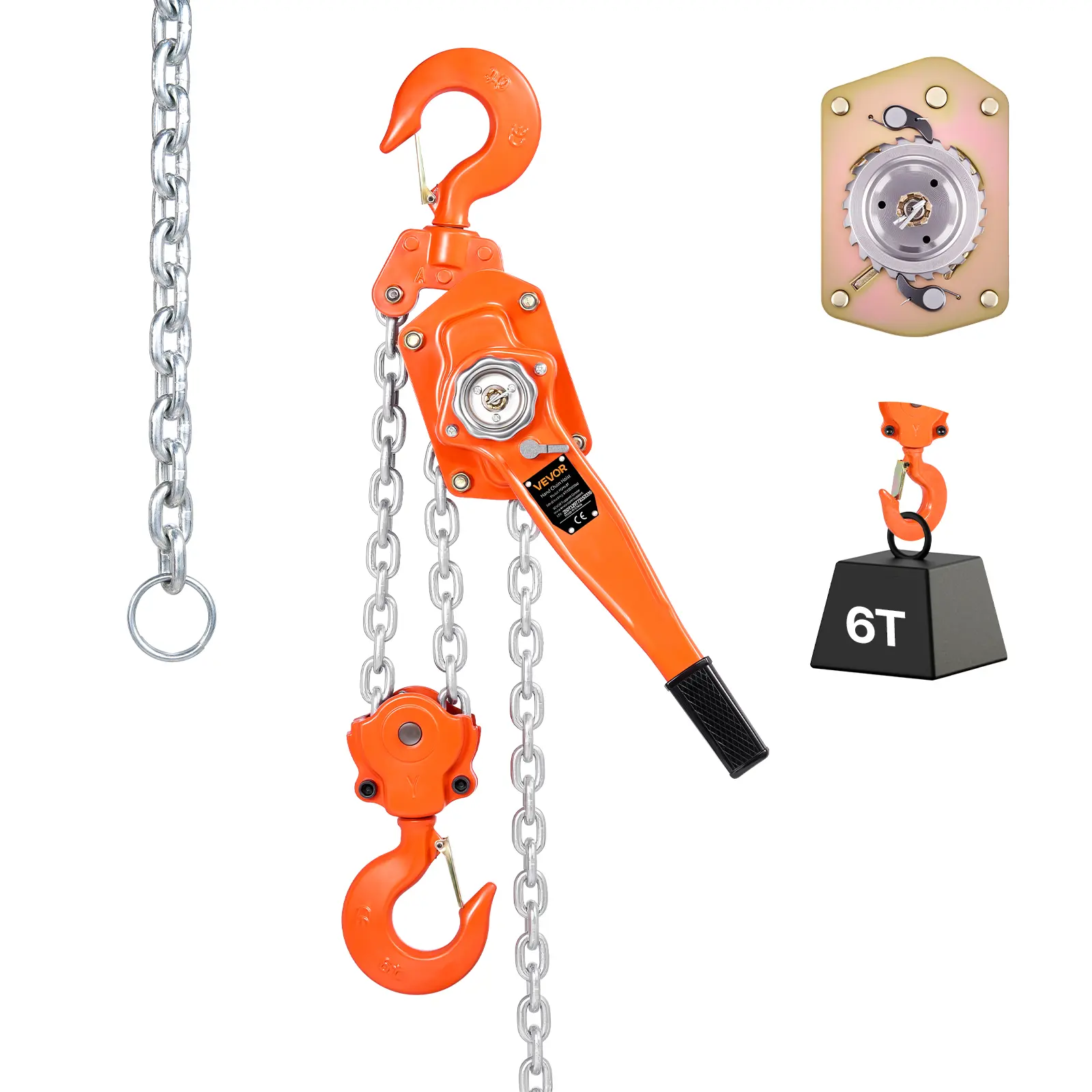 VEVOR 6T Heavy-Duty Manual Lever Chain Hoist, 13200 lbs Lift, 20ft/6m 10mm Corrosion-Resistant G80 Alloy Chain, Dual Pawl Brake, 360° Rotating Hooks, Guided Slot, for Warehouse Heavy Lifting