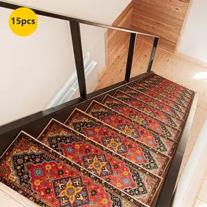 Rubber Non-Slip Stair Mats, 15pcs Multicolor Ethnic Pattern Printed Rugs, Protective Indoor Outdoor Use, Home Decor Edge Trimmed Carpets