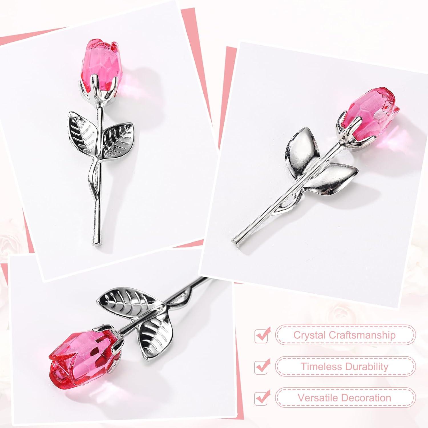 Mini Crystal Roses with Gift Box, Pink & Silver Romantic Roses, Perfect Gifts for Birthday & Valentine's Day