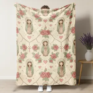 Cute Our Lady of Guadalupe Pattern Flannel Blanket - Ultra-Soft Warm Throw with Pastel Rose/Heart/Cross Design, Sweet Religious Aesthetic Perfect for Cozy Bed/Sofa & Spiritual Home Decor