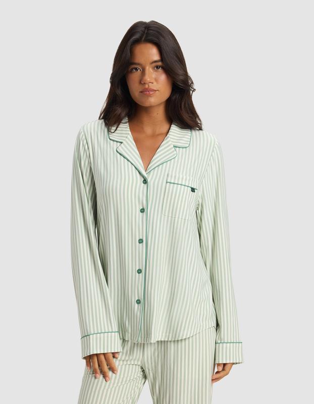 Women's Bamboo Stretch-Knit Long Sleeve Pajama Set - Market Stripe in Divi Green