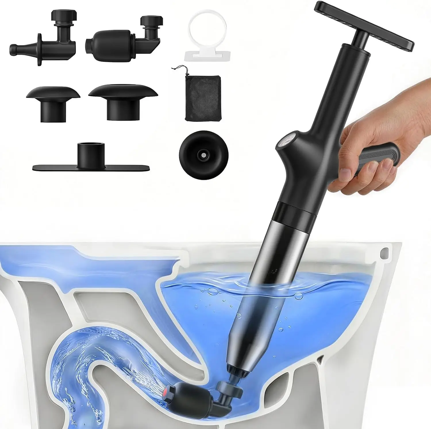 HAMITOR Toilet Plunger Drain Clog Remover High Pressure with Barometer | Heavy Duty Toilet Snake for Bathroom and Sink，Unclogging Tool for Failed Traditional Plungers, Black