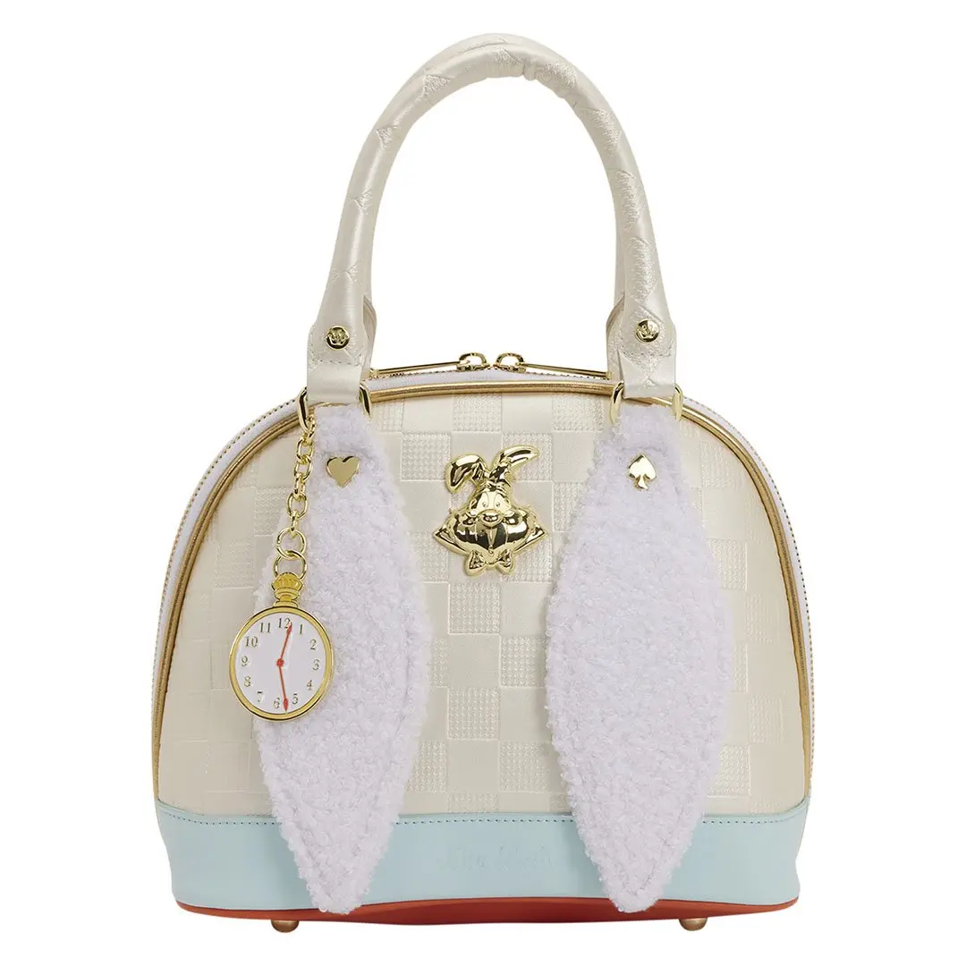 Loungefly Disney Alice in Wonderland White Rabbit Handbag, Women's Faux Leather Checkerboard Purse with Sherpa Ears and Metal Charms, Handbag Shoulder Purse, Pu Leather Handbag
