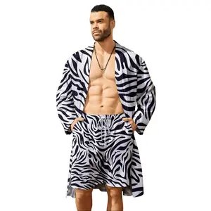 Zebra print men's cardigan and shorts set, plus-size men's long set, a must-have for young men, spring and summer trendy fashion, high-quality, durable, casual, stylish, breathable, cool, and trendy