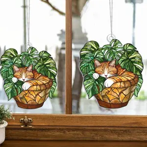 SALE 50% Cat Monstera Suncatcher Acrylic, Monstera Plant Window Hanging, Monstera Leaves Decoration, Cat Plant Lover, Plant Lady Plant Mom