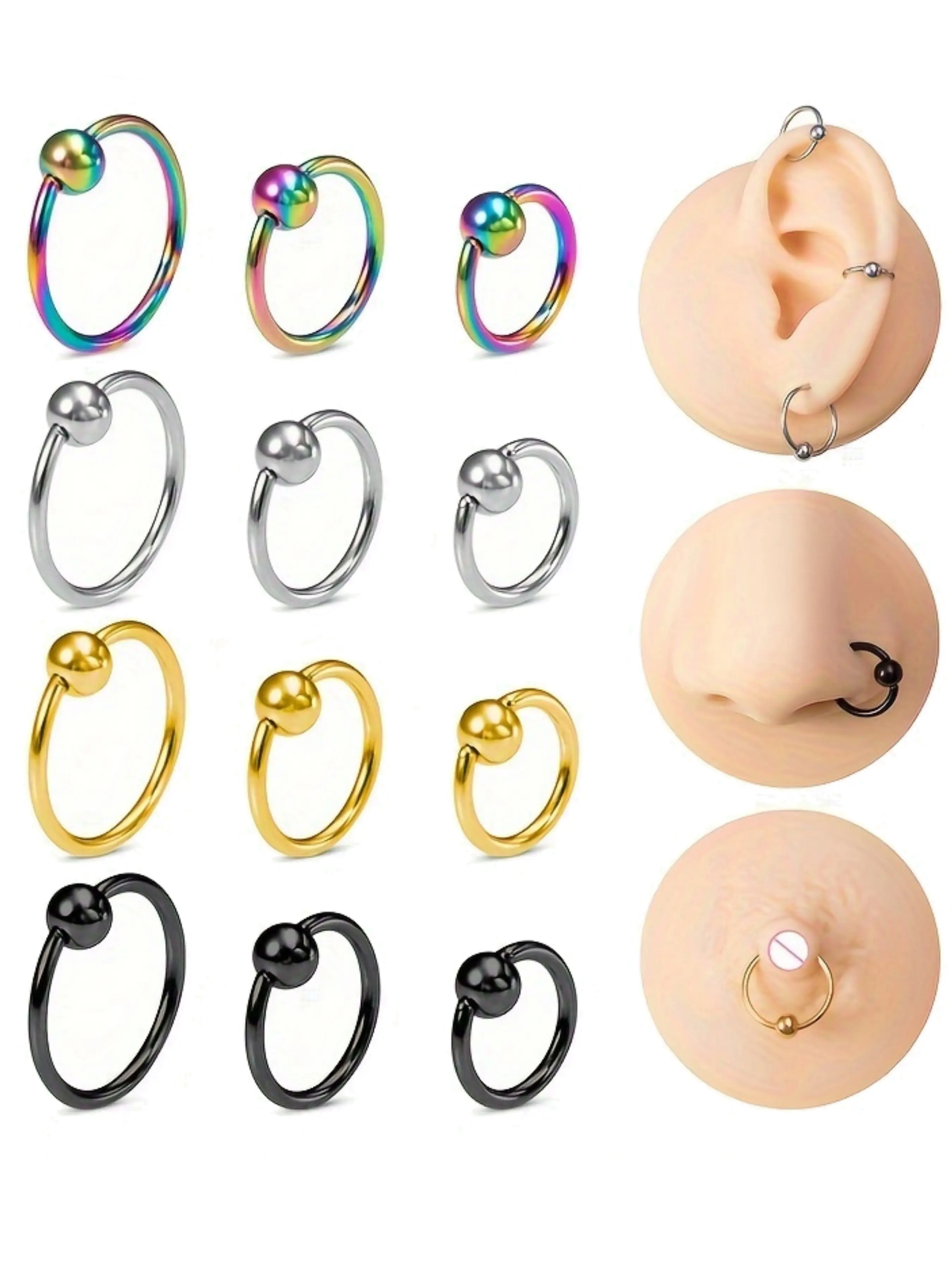 3pcs Beads Captive Hoop Earrings, Nose Ring Septum Piercing, Tragus Eyebrow Rings, Ear Cartilage Helix Lip Nipple Bcr, Stainless Steel Body Jewelry