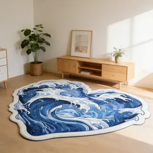 Ukiyo-e Wave Shaped Carpet Blue and White Contrast Plush Floor Mat Soft Area Rug Super Soft Rug Living Room Anti slip and Wear resistant Foot Mat Entrance Personalized Decorative Pad Suitable for Ins/Japanese Wabi Sabi Home Decoration