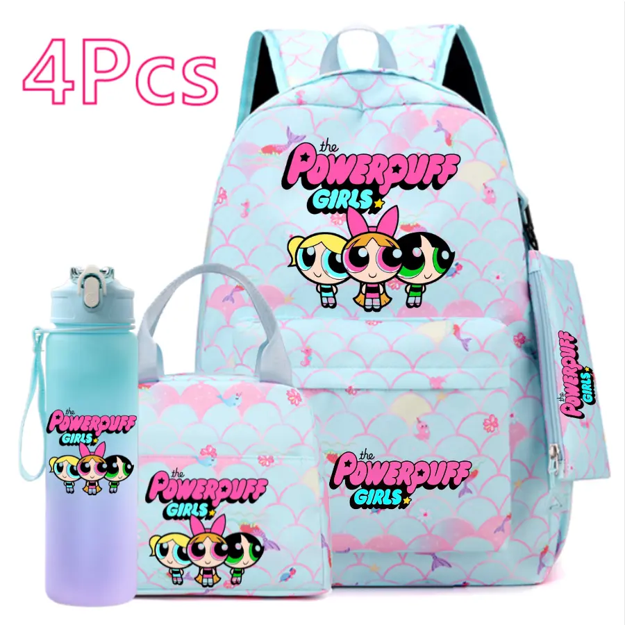 Powerpuff Girls 4PCS Backpack Set for Girls School Bookbag Lunch Bag Pencil Case Water Bottle Travel Gift