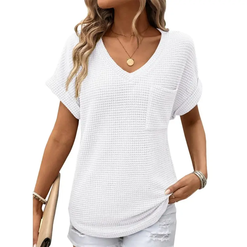 Dokotoo Women's Waffle Knit V-Neck Casual Summer Tops - Lightweight & Breathable Basic Tee for Beach, Party, Work