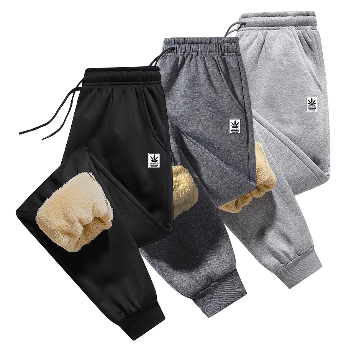Men's plush lined sports pants, maple leaf printed thick and warm winter sports pants, with adjustable elastic waistband and ankle closure casual pants, with side pockets, suitable for running, street wear, and daily cold weather dressing