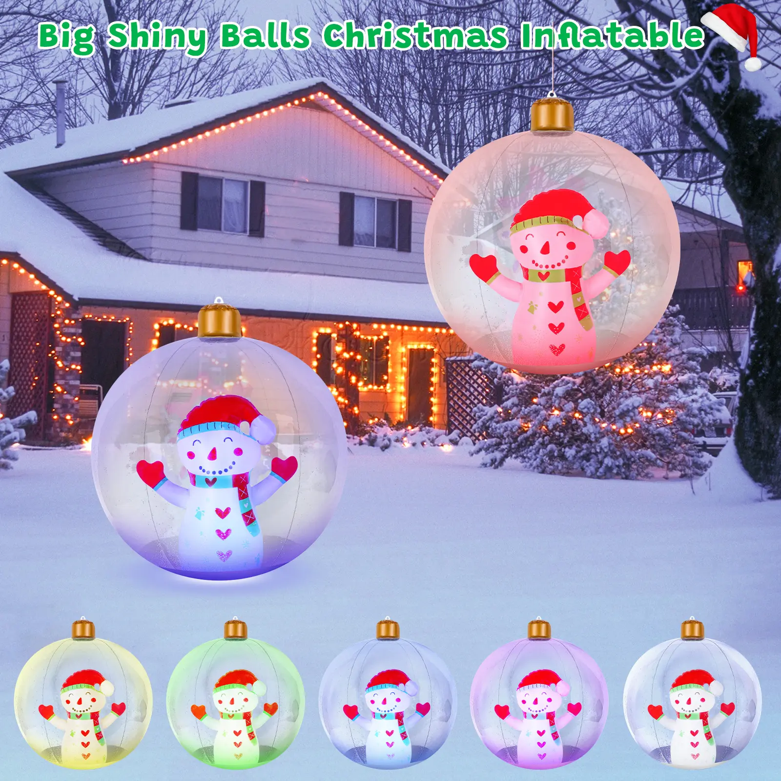 Light Up Inflatable Christmas Snowman Ball, 24 Inch Large Inflatable Outdoor Decorations Balls, Christmas Xmas Blow Up Ball with 13 Color LED Light for Yard, Lawn, Pool Decorations