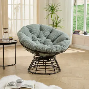 Comfortable Ergonomic Wicker Papasan Chair, 360° Swivel Indoor Outdoor Rattan Chair with Soft Thick Cushion, Ideal for Living Room, Bedroom, Reading Room, Brown Frame with Light Green Cushion