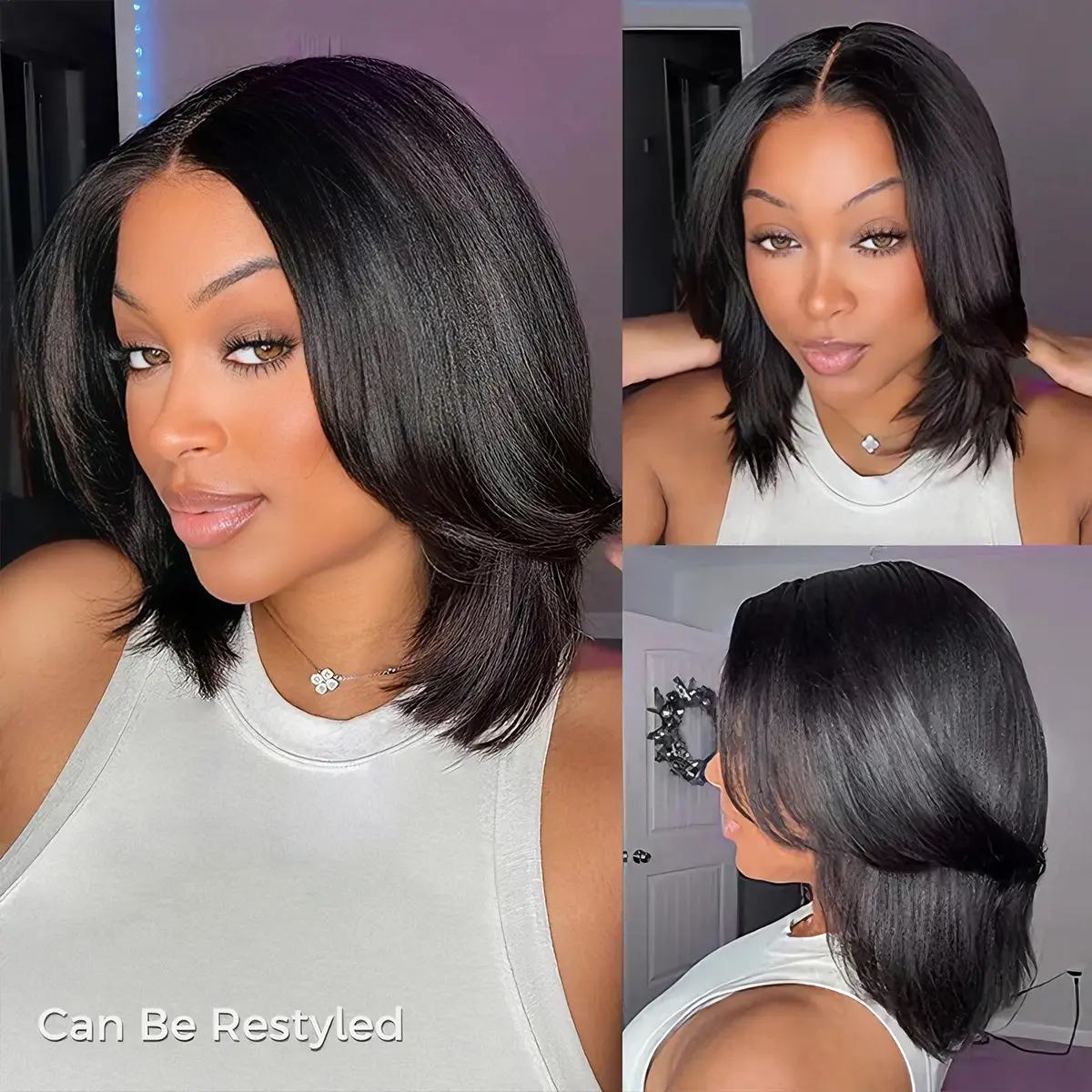 Yaki Straight Bob Drawstring Wig Human Hair with Face Framing Layers 180% Mscoco V Part Yaki Straight Bob Wig 180 250 High Density V  main image 2