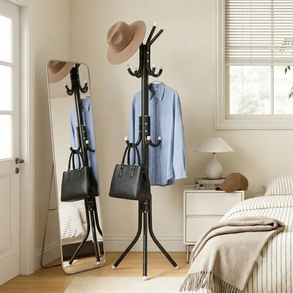 Sturdy Heavy-Duty Coat Tree - Black Freestanding Coat Rack with 12 Hooks for Clothes Hanging in Entryway, Bedroom Corner, Keeping Room Tidy