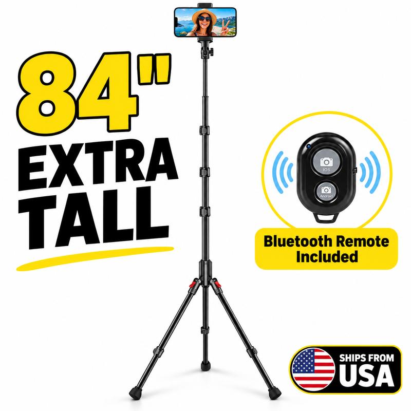 Cambofoto Phone Tripod 84in Extendable - Extra Tall Aluminum/Steel Mobile Tripod with 9.8in Flexible Gooseneck, Bluetooth Wireless Remote, Adjustable Legs & Wide Base for Travel Vlogging Full-Body Photos