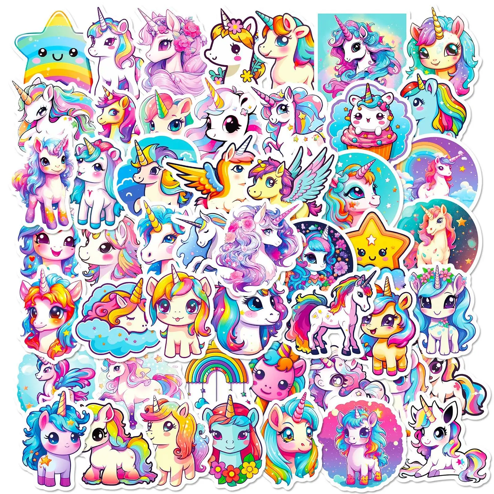 Cartoon Unicorn Series Sticker, 50pcs Waterproof Sticker Pack for Wall Water Bottle Skateboard Helmet Car Bike Luggage Laptop, School Supplies, Gifts