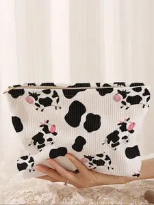 Cute Cow Print Makeup Bag, Cartoon Style, Lightweight Multi-Functional Fashion Casual Cosmetic Pouch, Travel Organizer for All Seasons