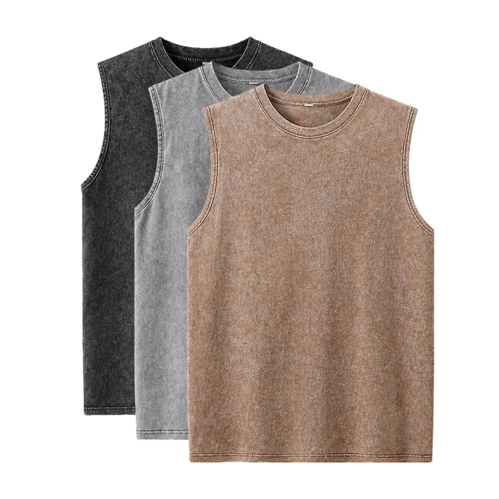 Men’s 3-Pack Vintage Washed Pure Cotton Sleeveless Fitness Compression Tank Tops Set - Distressed Faded Textured Crewneck, Suitable for Adult Men & Fitness Enthusiasts