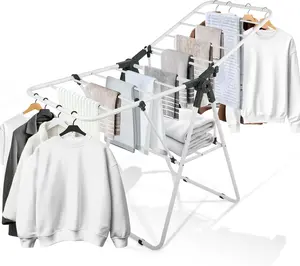 Clothes Drying Rack, Metal Foldable Laundry Drying Rack, with Adjustable Height Levels Wings, Space Saving, Indoor Outdoor Use, White Free-Standing Airer